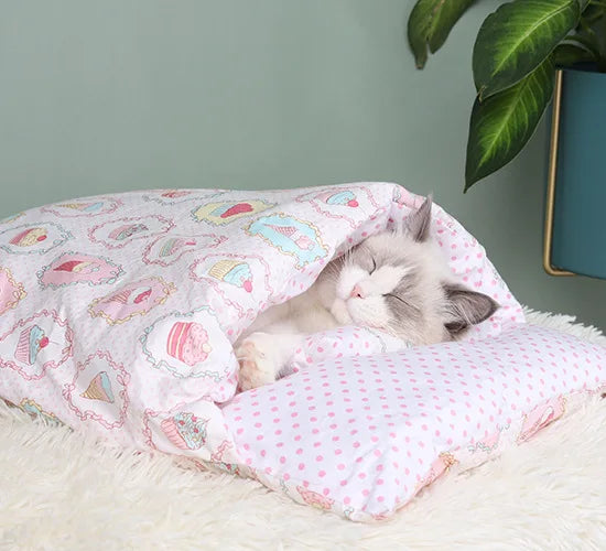 Japanese Cat Bed Warm Cat Sleeping Bag Deep Sleep Cave Winter Removable Pet House Bed for Cats Dogs Nest Cushion with Pillow