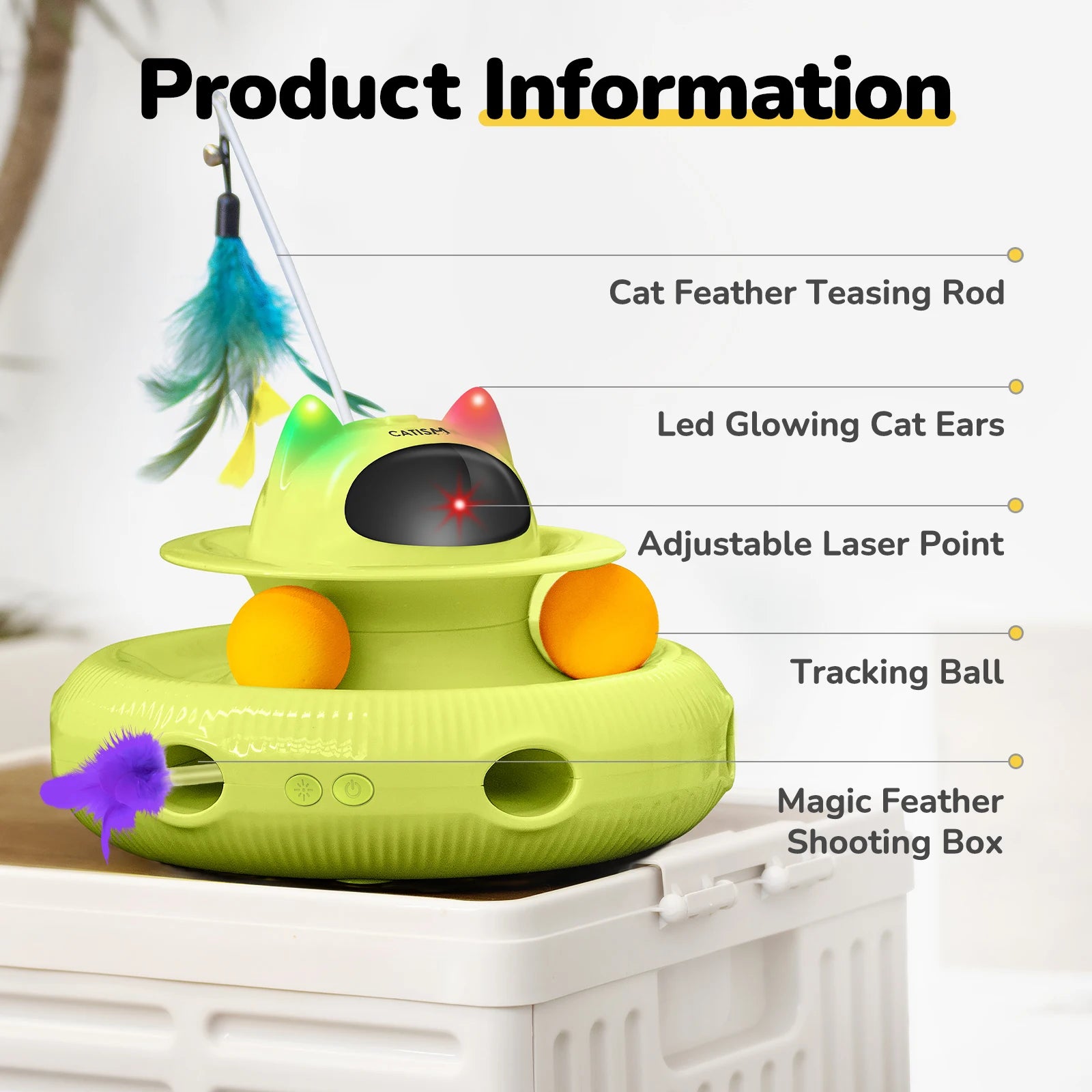 CATISM Upgraded Pet Toys Cat Toys, KM25 Magic Box Cat Teaser,  Yellow-green with base feather, head butterfly, blue ball