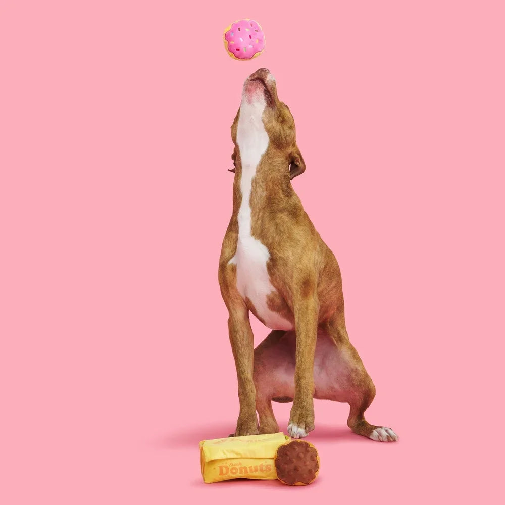 Interactive Plush Dog Toy Donut Crinkle Treat Dispenser Squeaky Fun Dogs Multiple Pets Playtime