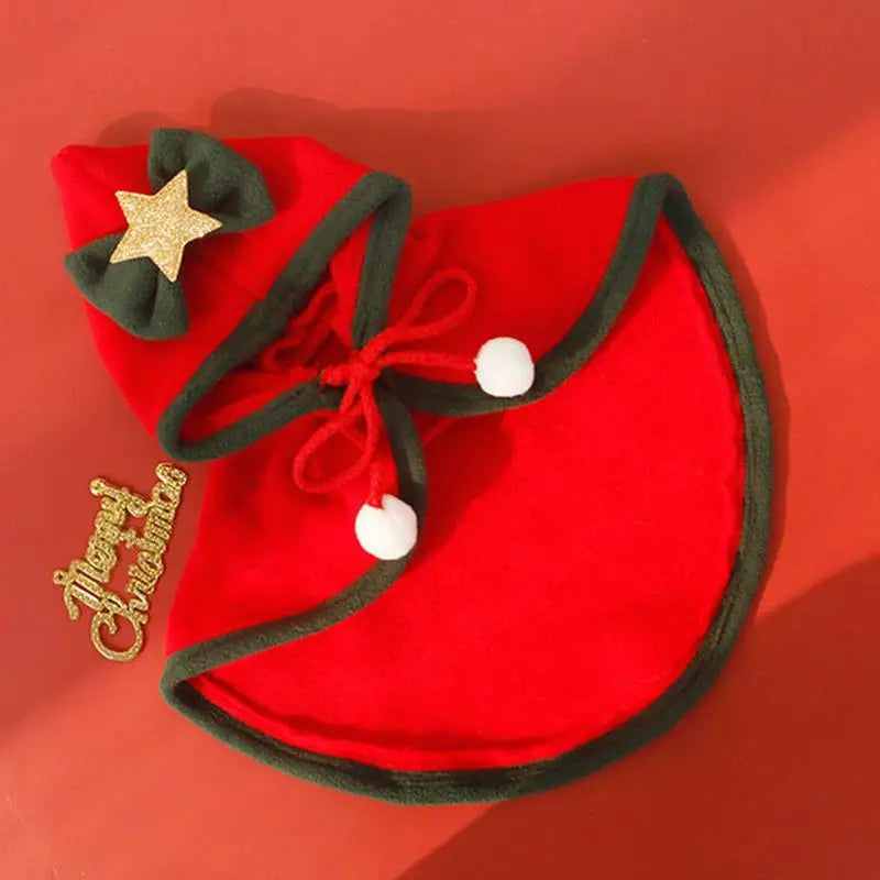 Dog Christmas Costume Dog Soft Thick Christmas Cloak Pets Hooded Cloak Winter Outwear With Stars Bow Hat For Small Dogs Cats Pet