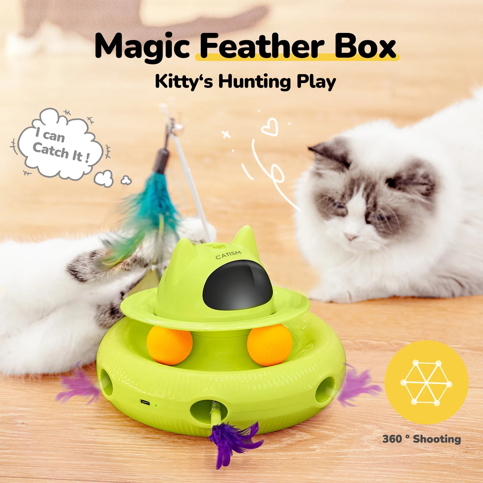 CATISM Upgraded Pet Toys Cat Toys, KM25 Magic Box Cat Teaser,  Yellow-green with base feather, head butterfly, blue ball