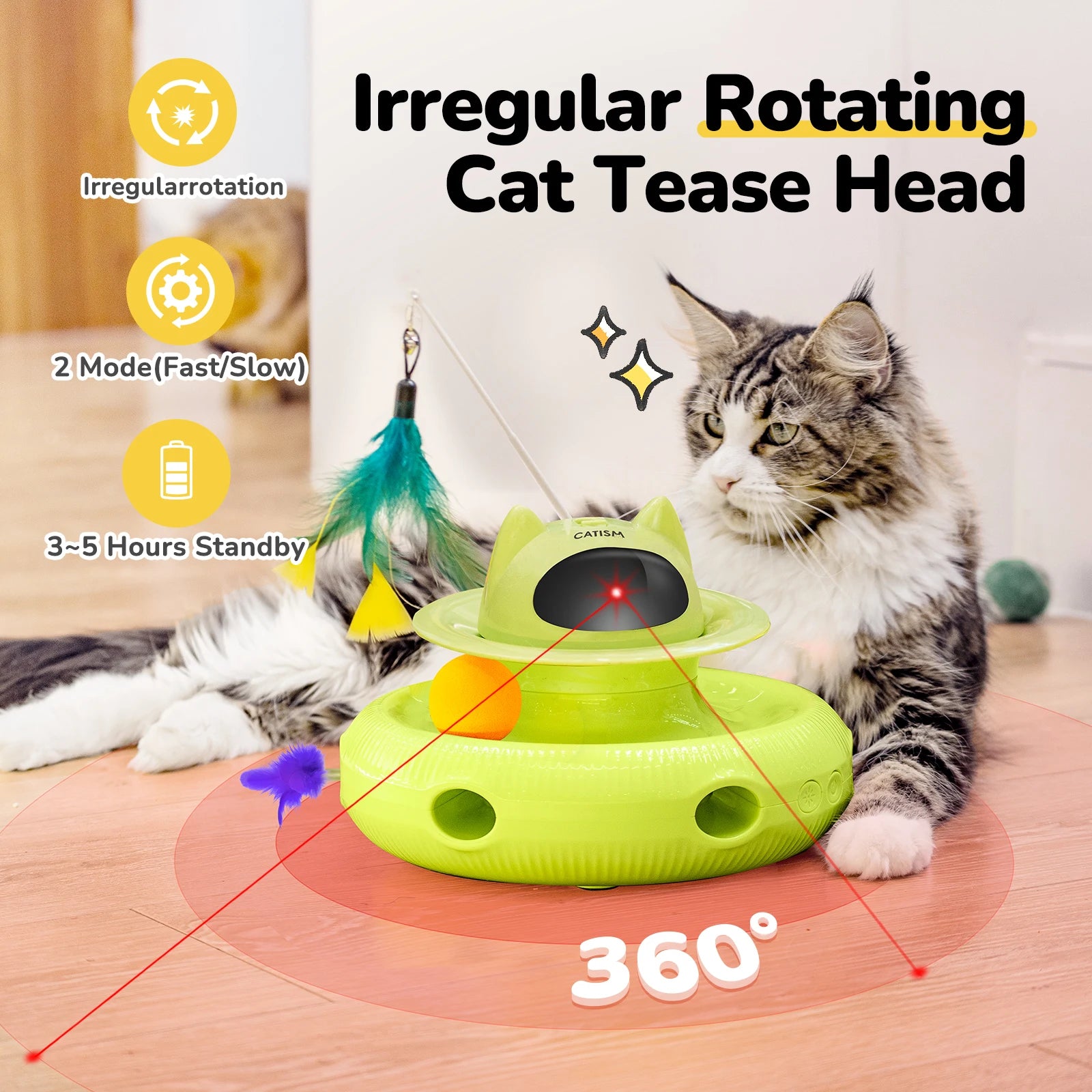 CATISM Upgraded Pet Toys Cat Toys, KM25 Magic Box Cat Teaser,  Yellow-green with base feather, head butterfly, blue ball