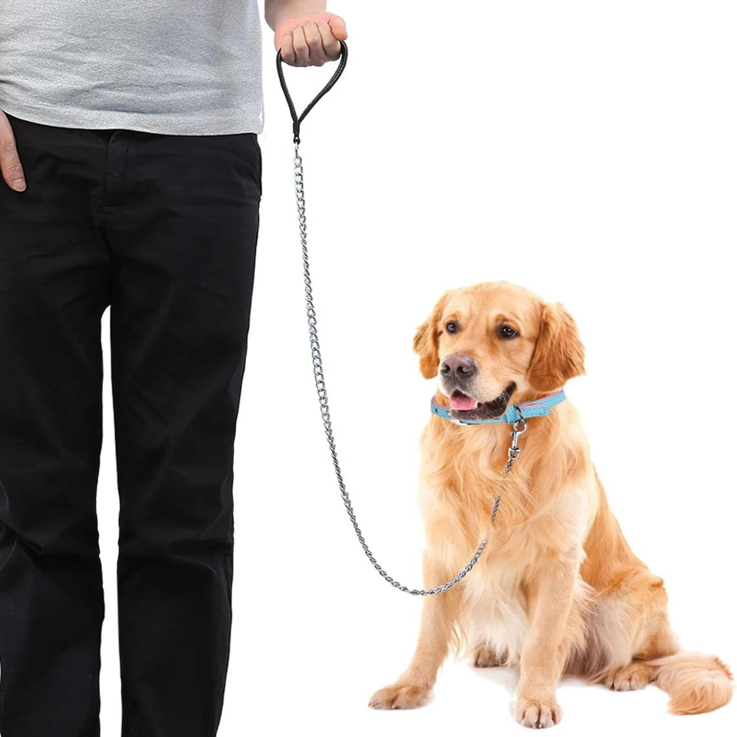 Metal Dog Leash, Integrated Dog Collar and Leash, 4ft Chew Proof Dog Chain Leash with P Chain Slip, Heavy Duty Sturdy Pet Dog Le