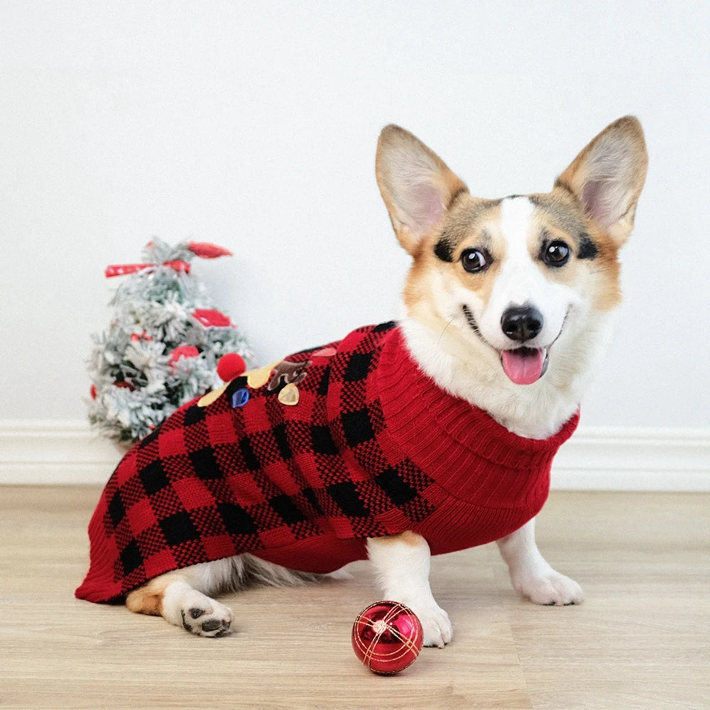 Plaid Pet Dog Sweaters Turtleneck Knitted Dogs Sweatshirt Warm Cats Puppy Winter Clothes for Small Medium Dogs Christmas Wearing