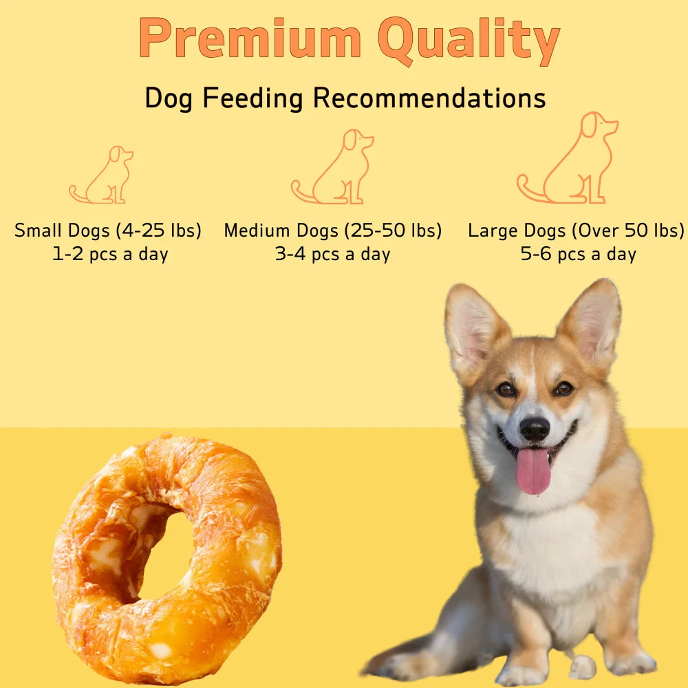 5.29oz/10.58 (150g/300g) Dog Treats Long Lasting, Rawhide Chews for Dogs, Chicken Wrapped Rawhide Donuts Ring