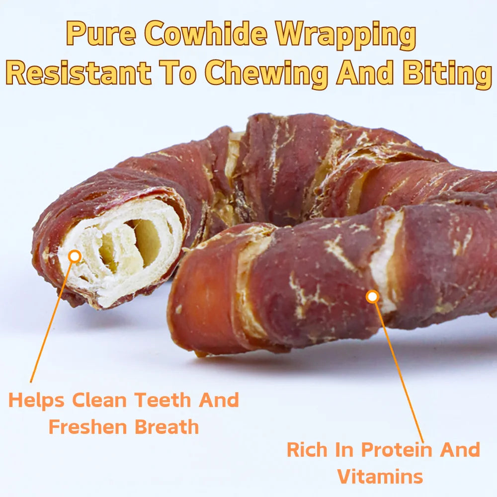 5.29oz/10.58 (150g/300g) Dog Treats Long Lasting, Rawhide Chews for Dogs, Duck Wrapped Rawhide Donuts Ring
