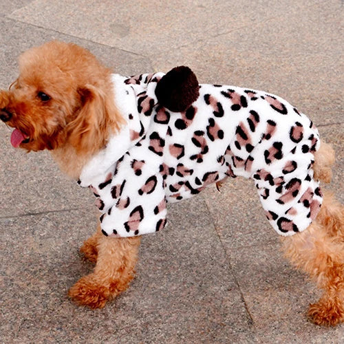 Dog Hoodie Hooded Flannel Winter Warm Leopard Printed Pet Puppy Clothes Jumpsuit Pajamas Outwear for Home