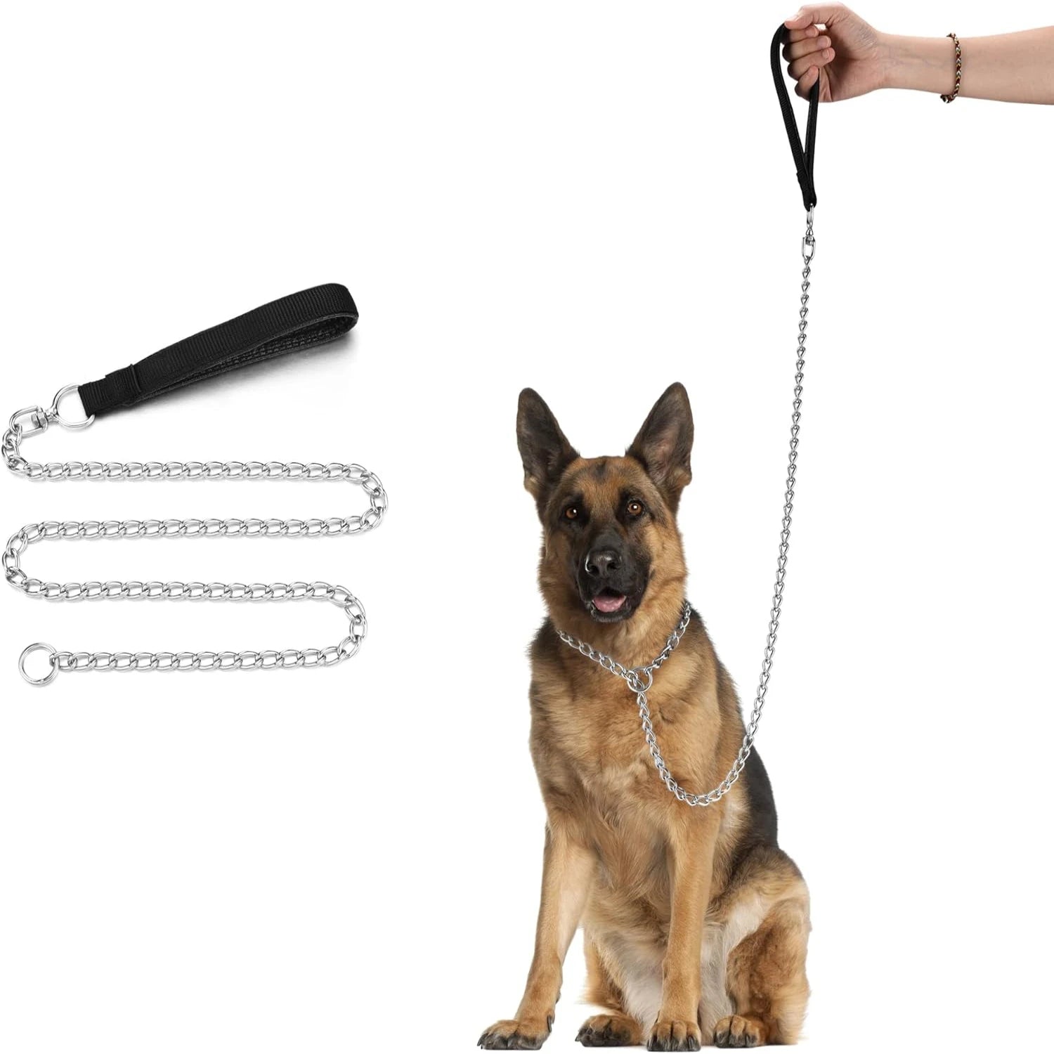 Metal Dog Leash, Integrated Dog Collar and Leash, 4ft Chew Proof Dog Chain Leash with P Chain Slip, Heavy Duty Sturdy Pet Dog Le