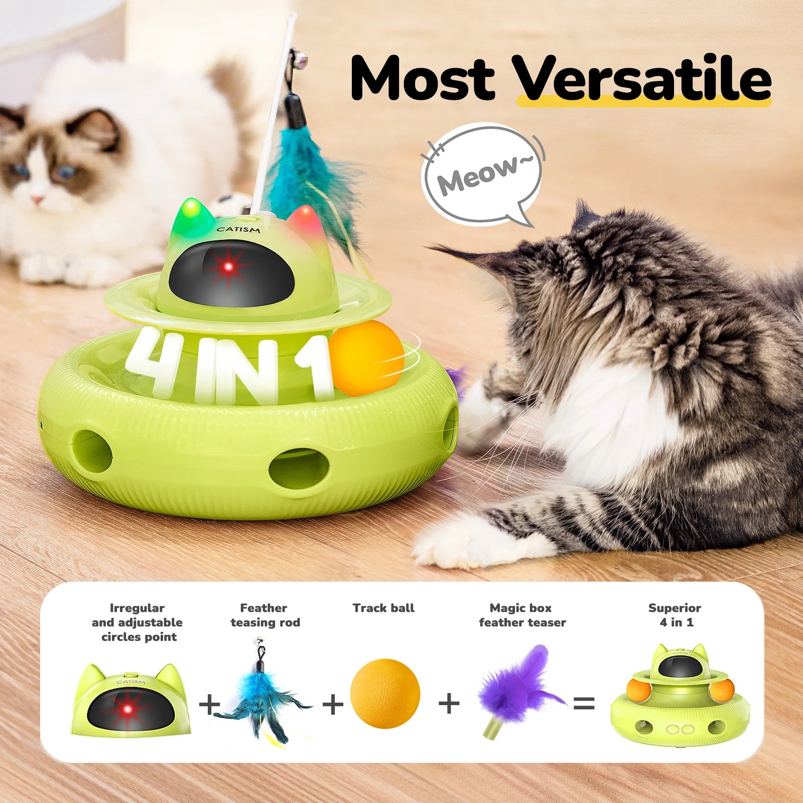 CATISM Upgraded Pet Toys Cat Toys, KM25 Magic Box Cat Teaser,  Yellow-green with base feather, head butterfly, blue ball