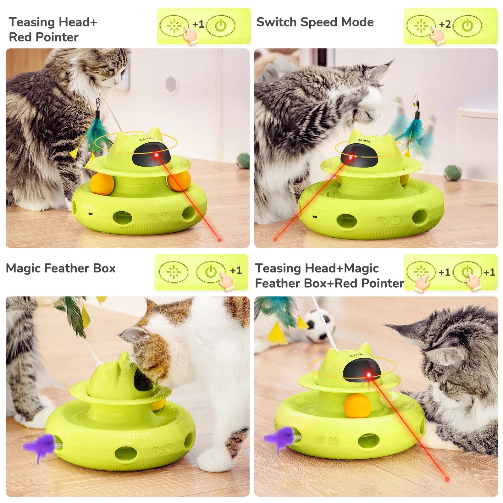 CATISM Upgraded Pet Toys Cat Toys, KM25 Magic Box Cat Teaser,  Yellow-green with base feather, head butterfly, blue ball