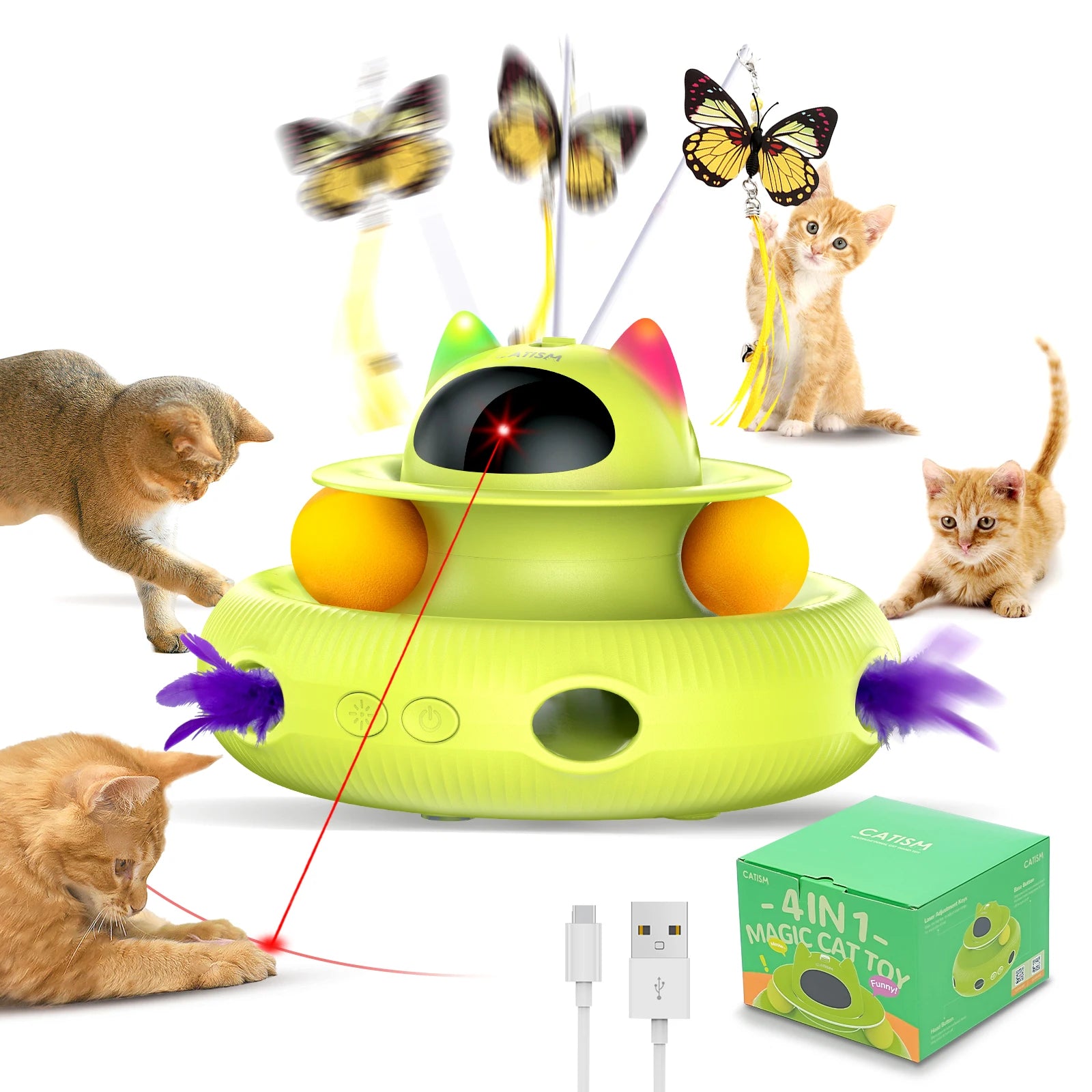 CATISM Upgraded Pet Toys Cat Toys, KM25 Magic Box Cat Teaser,  Yellow-green with base feather, head butterfly, blue ball