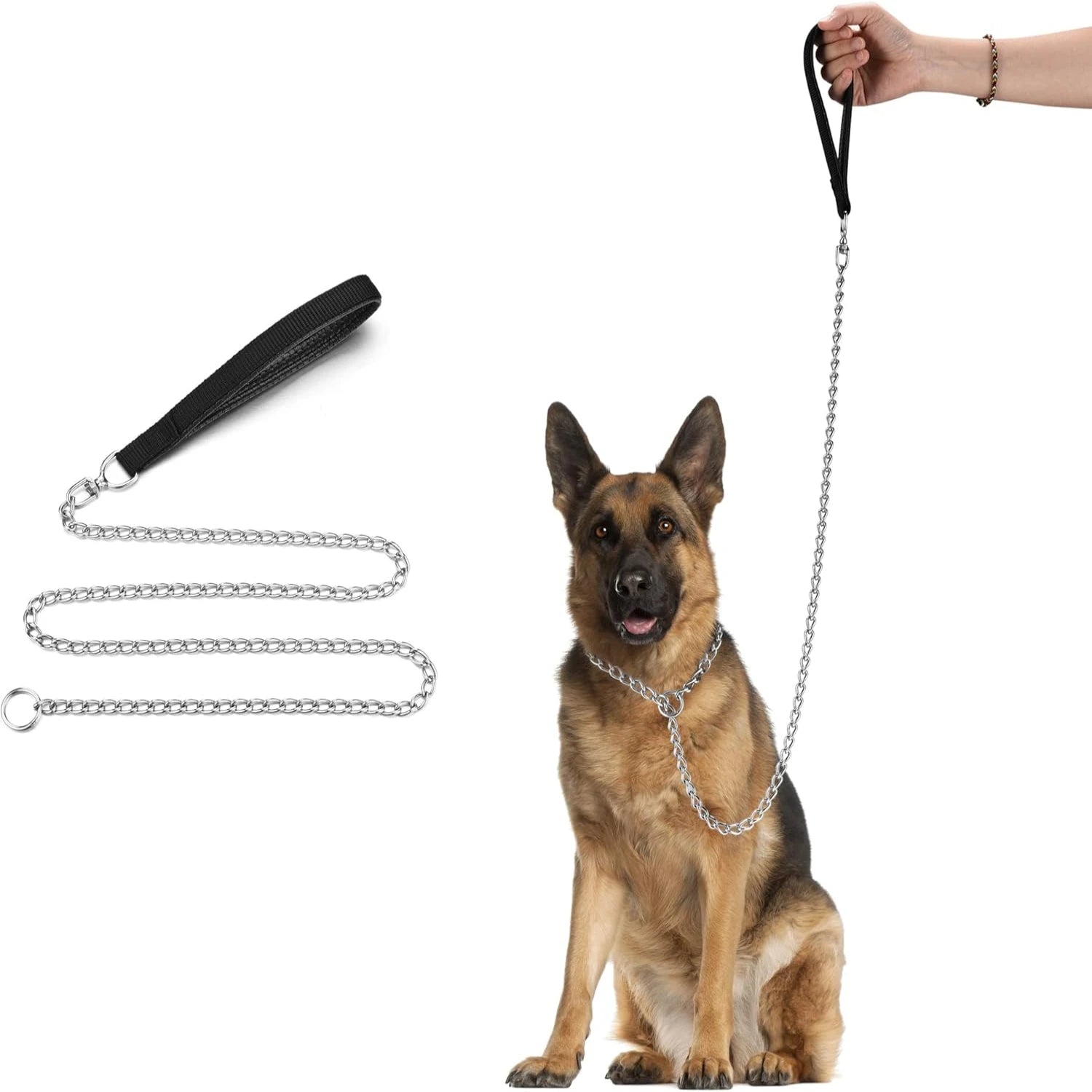 Metal Dog Leash, Integrated Dog Collar and Leash, 4ft Chew Proof Dog Chain Leash with P Chain Slip, Heavy Duty Sturdy Pet Dog Le